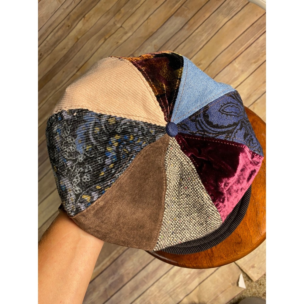 VTG Liz Claiborne Patchwork Newsboy Cap Hat Velvet Corduroy Silk Leather Y2K 90s